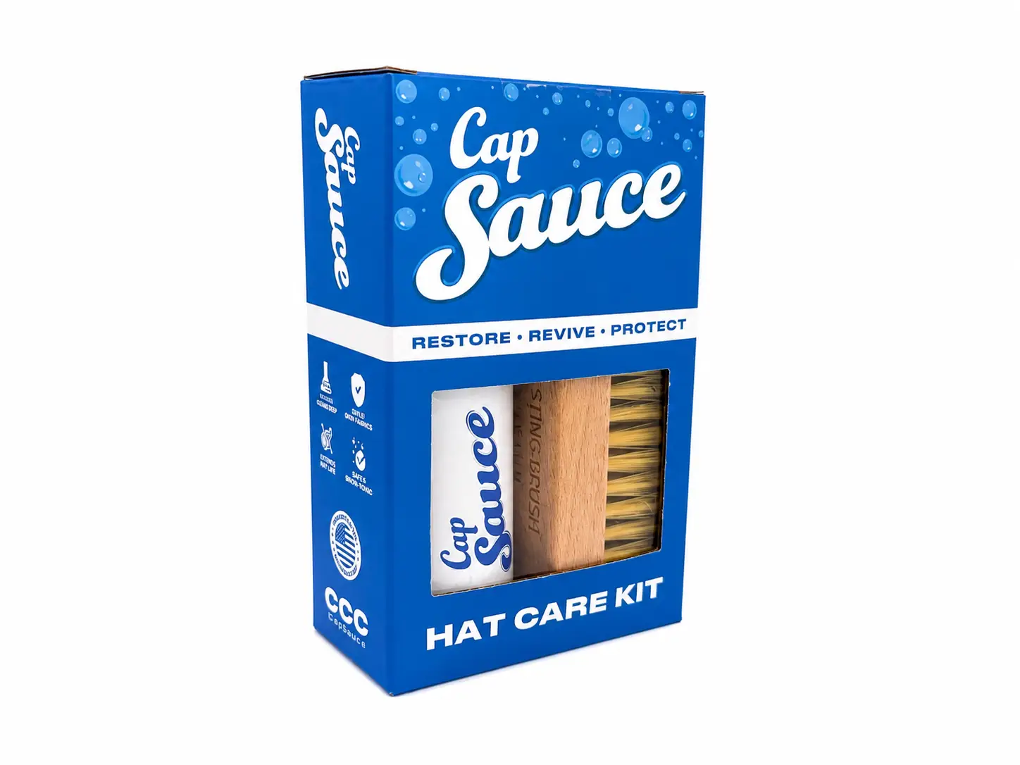 Cap Sauce Hat Care Kit box, angled