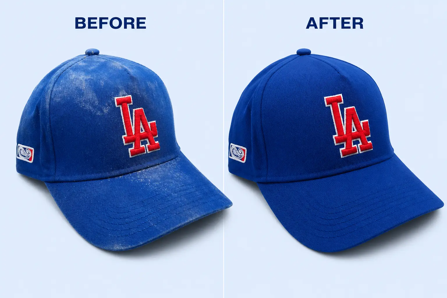 Blue baseball cap before and after cleaning with Cap Sauce